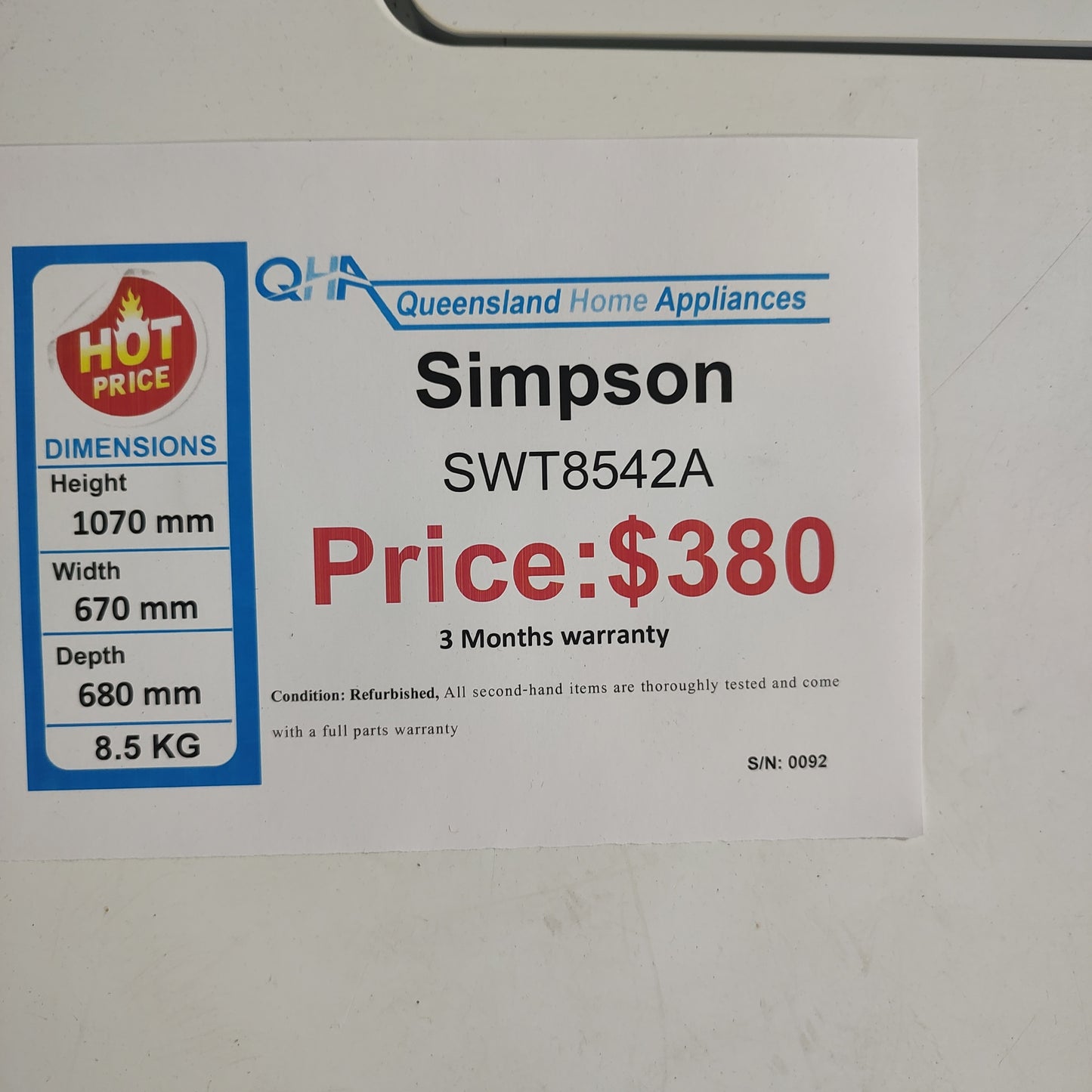 8.5kg Top Load Simpson Washing Machine SWT8542A